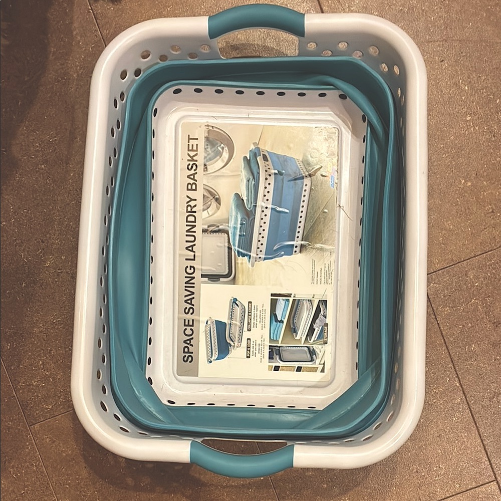 Collapsible Teal and White Laundry Basket